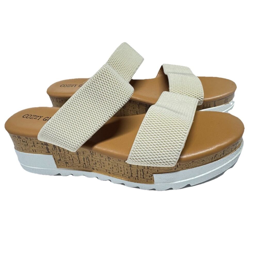 Cozzy Girl Hailee Platform Wedge Sandals Cream Womens Sz 8.5 Elastic Straps NEW